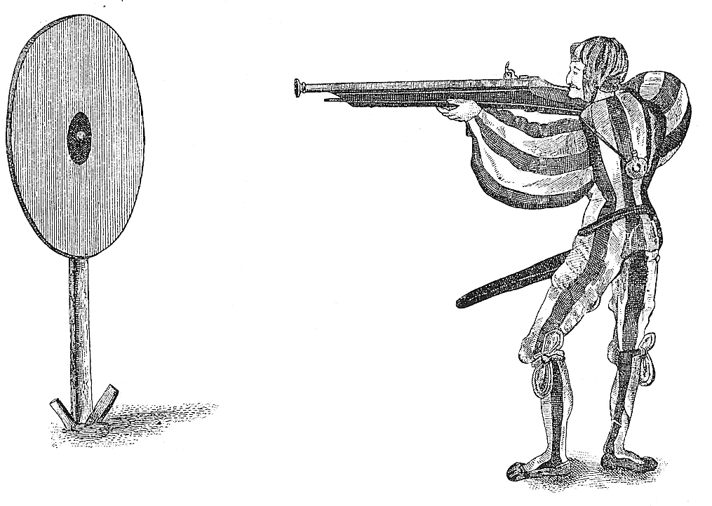 Fig. 6. Landsknecht im stehenden freihändigen Anschlag, nach der Scheibe schießend. Aus den Zeugbüchern des Kaisers Maximilian I. 3. Bd., Bl. 109: „Das Zeughaus zu Lindaw“ Kunst-historische Sammlungen des A. K. Kaiserhauses (Wien).