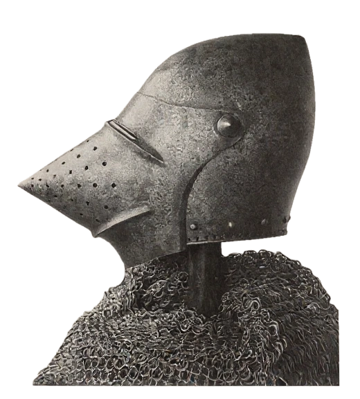 Großflächige Beckenhaube (Hundsgugel) aus glänzendem Stahl, fein gearbeitet, für den Turnierkampf. 14. Jahrhundert (zweite Hälfte). Gewicht: 1,47 kg. Aus der Sammlung Zschille.