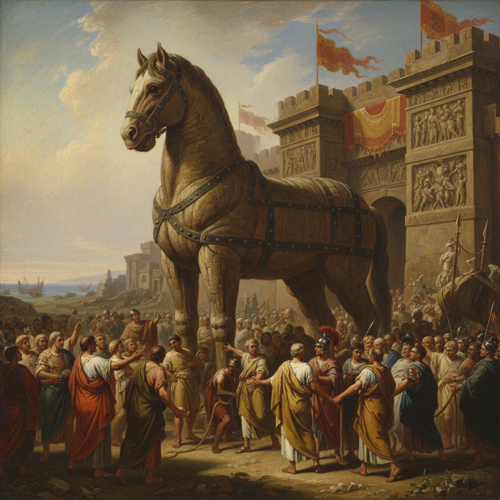 Das Trojanische Pferd vor den Mauern der Stadt.