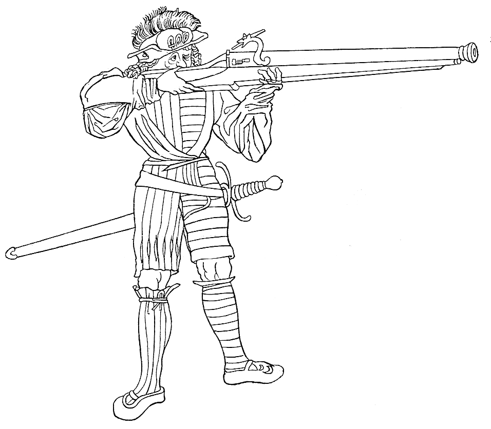 Fig. 5. Landsknecht im stehenden freihändigen Anschlag. Aus dem Kodex icon. 222 der Münchner kgl. Hof- und Staatsbibliothek (1500—1510).