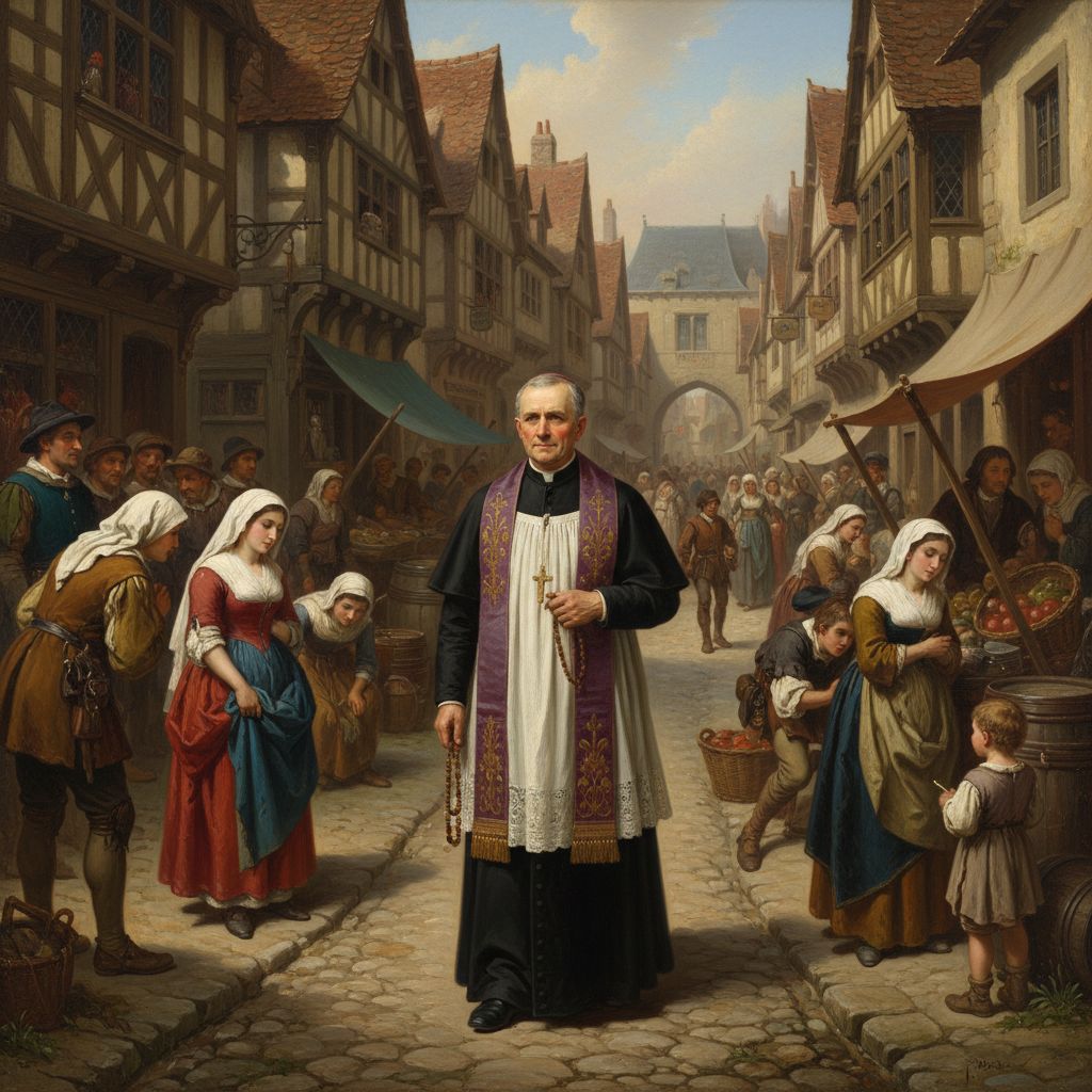 Symbolbild eines Priesters in einer kleinen mittelalterlichen Stadt.