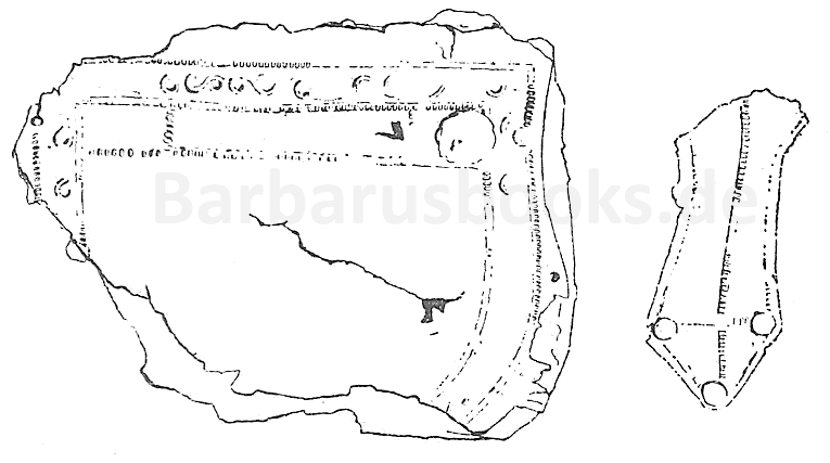 Links: Fig. 13. Backenklappe des Helmes vom Pferrsee. Rechts: Fig. 14. Nasenlappen des Helmes v. Pferrsee.