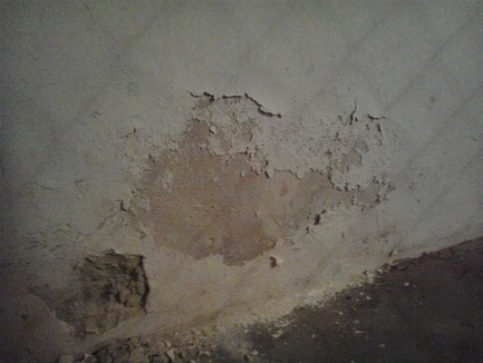 Salzausblühungen an der Wand durch Aufsteigende Feuchtigkeit im Mauerwerk