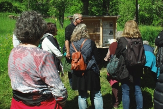 Harmut Writh erklärt den Wildbienenstand. - Foto: Agnes Pahler