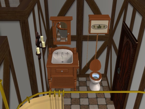 Das gemeinsame und einzige Bad im Nebengebäude habe ich mal abgelichtet. Alle vier Bäder im Haus sehen gleich aus, von daher ist es nichts Spannendes. Es gibt von EA eben nicht viel, was man als mittelalterliche Sanitäranlagen so verbauen könnte, dass die Sims es sinnvoll nutzen können. Da ist das doch ein guter Kompromiss. Ist ja schließlich alles eine Fantasiewelt! 