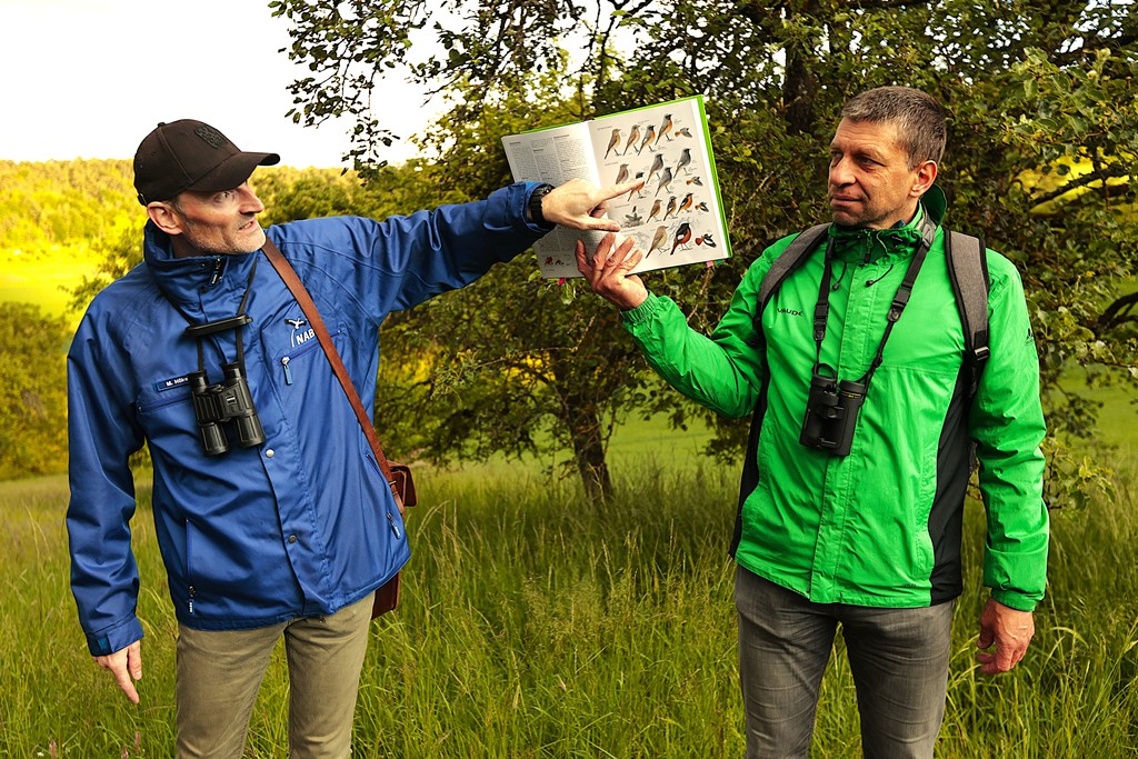Martin Rosenitsch (rechts) und Michael Hökel zeigen die Vogelfamilie der Rotschwänze im Fachbuch.