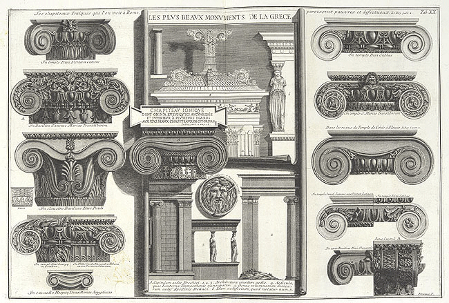 Various Roman Ionic capitals compared with Greek examples, from Julien-David Le Roy’s Les ruines des plus beaux monuments de la Grèce (1758) via designspeculum