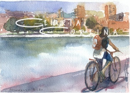 Pedaleando frente a Deusto. Bilbao.13x18cm.Acuarela/papel.
