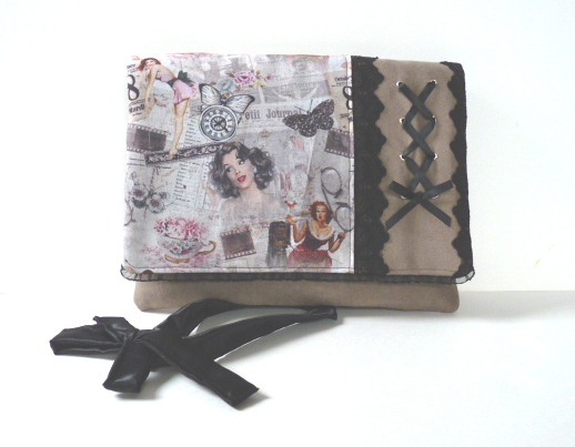 Pochette sac à main rabat vintage rétro pin-up steampunk laçage façon corset, dentelle suédine taupe fait main l'Arche de jessica