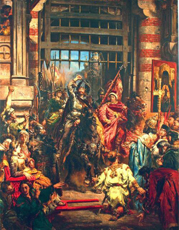 Fragment obrazu Jana Matejki przedstawiający Bolesława Chrobrego i Świętopełka pod Złotą Bramą w Kijowie fot. Wikimedia Commons