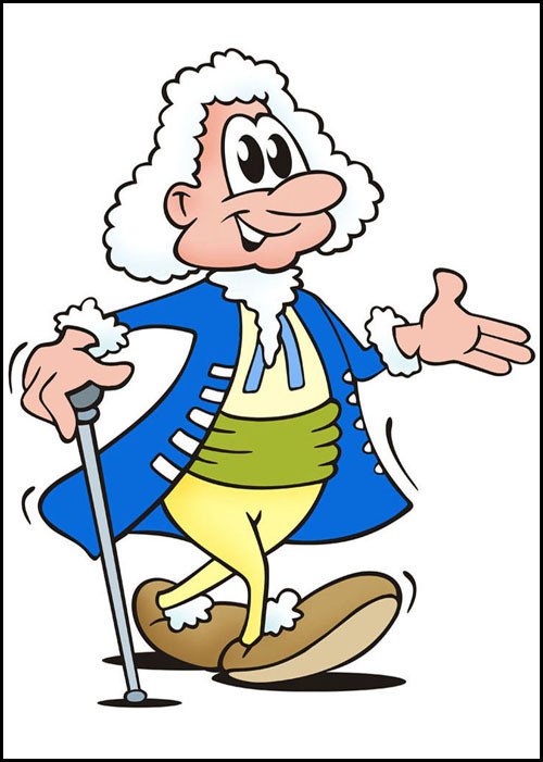 Eine Comic-Figut, die Johan Sebastian Bach darstellt, läuft mit einem Taktstock als Gehstock spazieren. Bach hat eine weiße Perücke auf und einen blauen Mantel an.