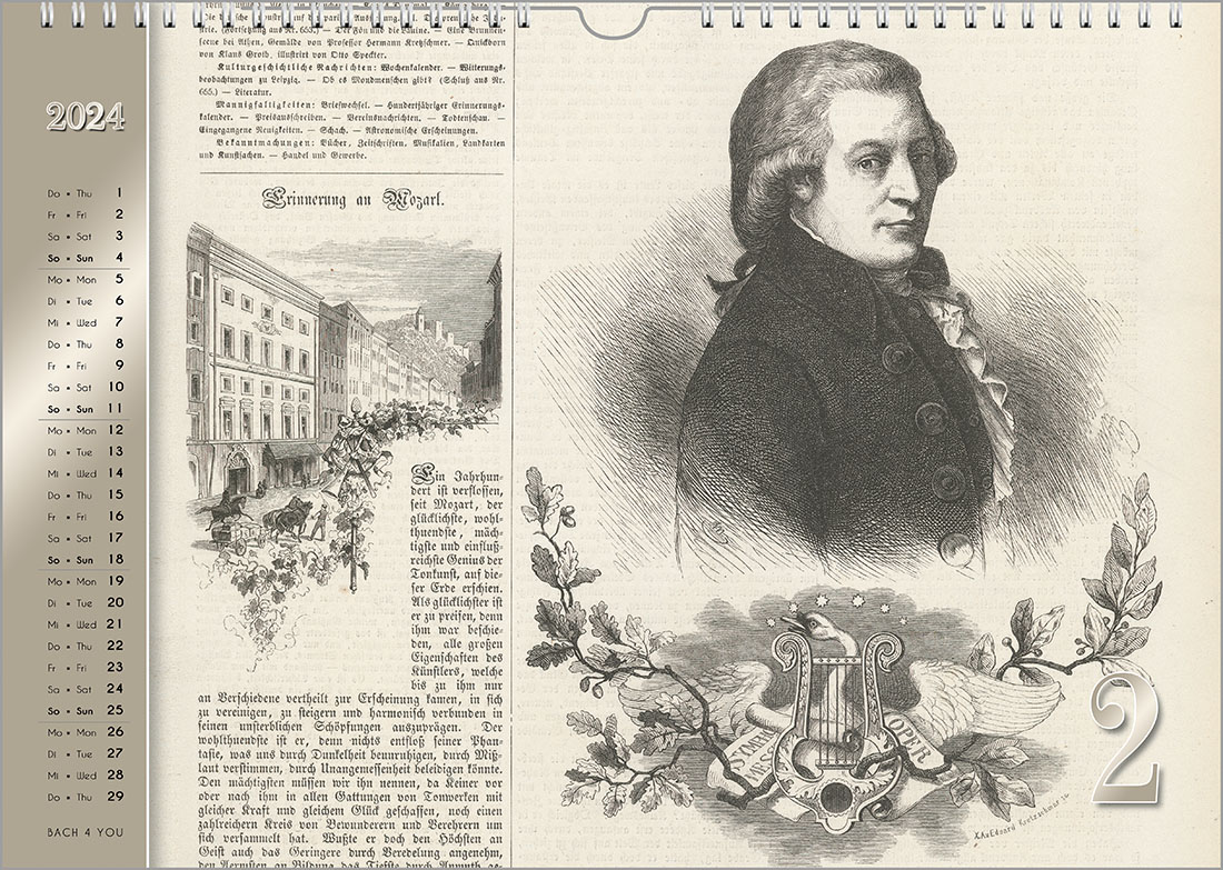 Mozart-Kalender, Monatsseite.