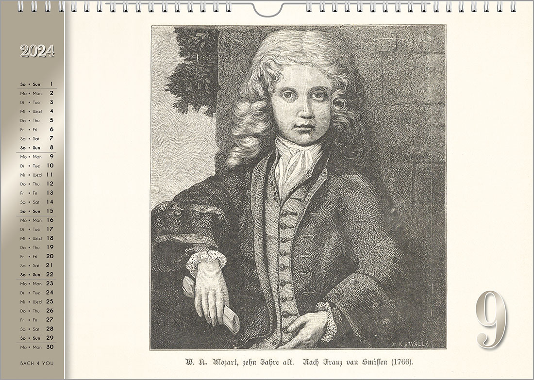 Mozart-Kalender, Monatsseite.