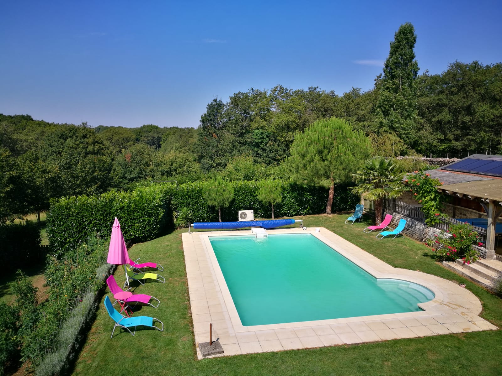 L'espace piscine avec le potager à gauche