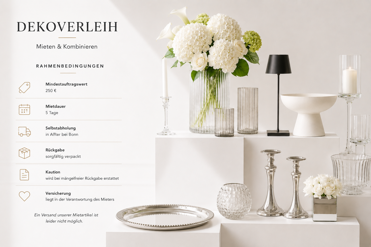 Tischdeko mieten | Dekoverleih NRW | Deko Hochzeit mieten | Hochzeitsdeko leihen | the featherette