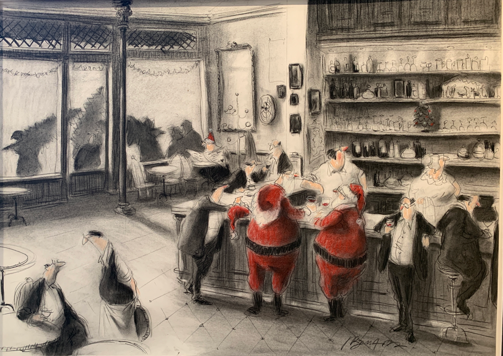 La tournée du Père Noël. Dessin sur papier,fusain et pastels. 50x68cm