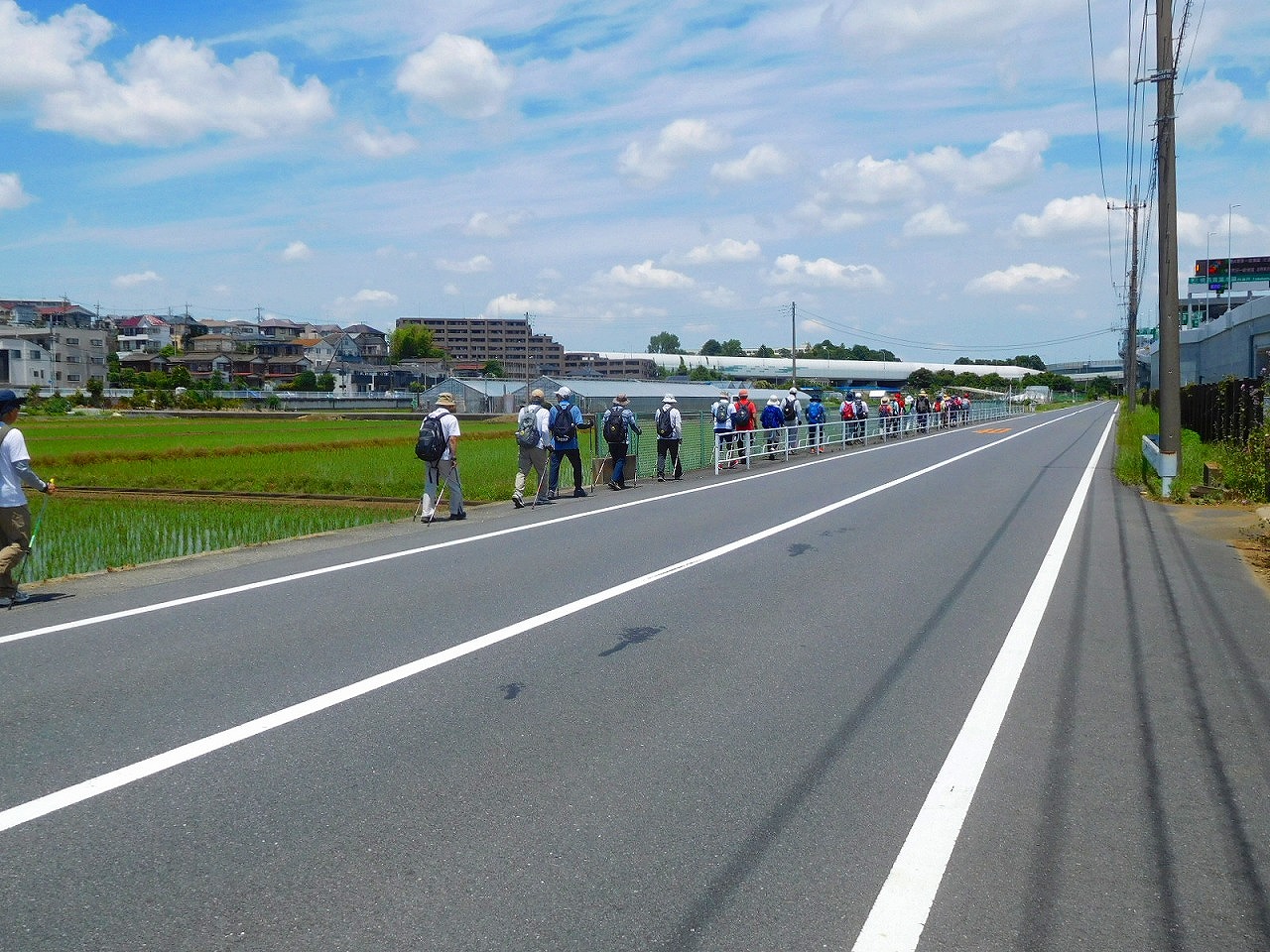 鶴見川より一本手前の道を一列で歩きます
