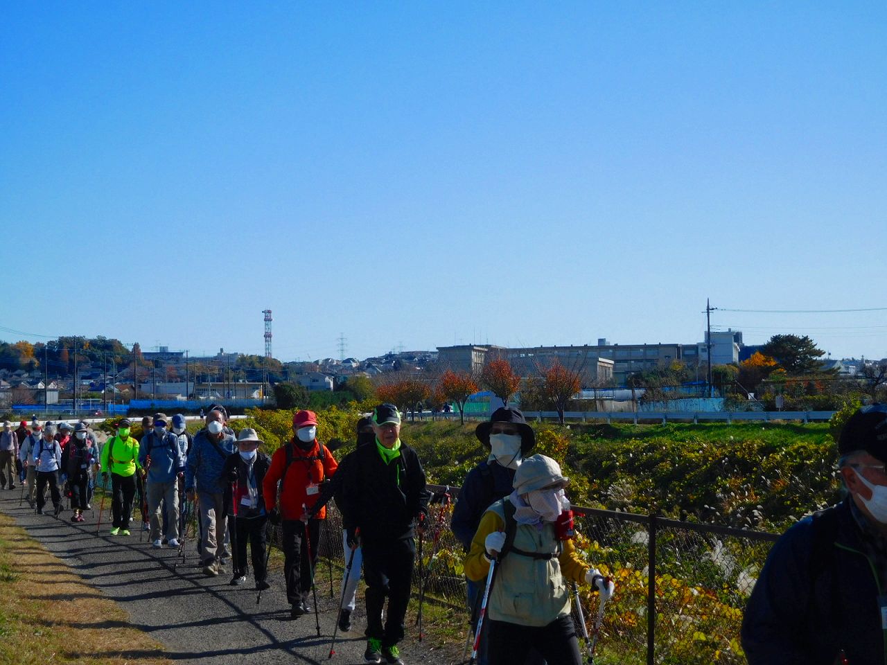 鶴見川を一列で歩く