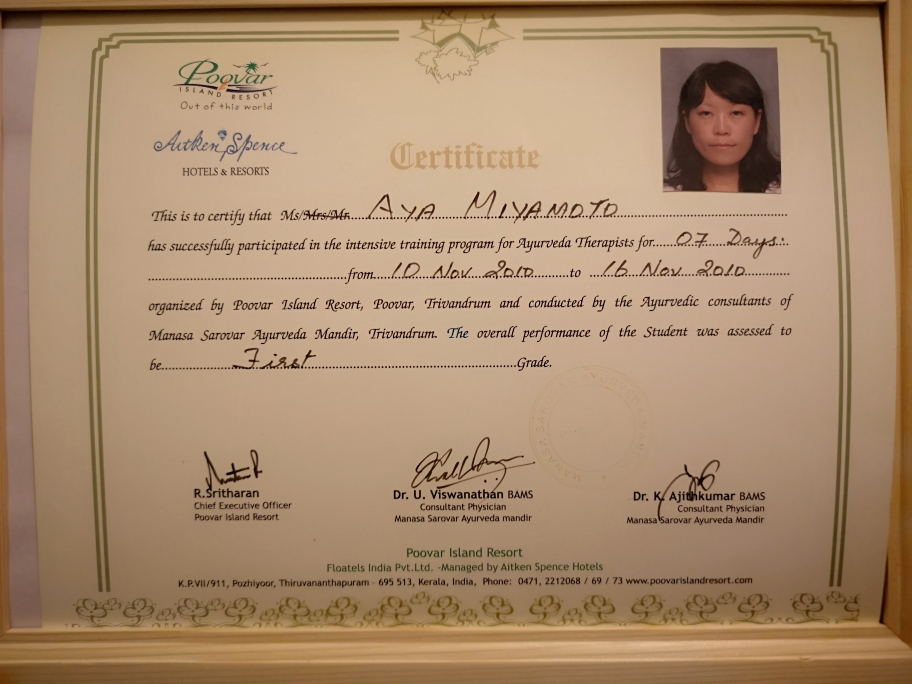 2010年 アーユルヴェーダ FirstGrade / 南インド Manasa Sarovar Ayurveda mandir