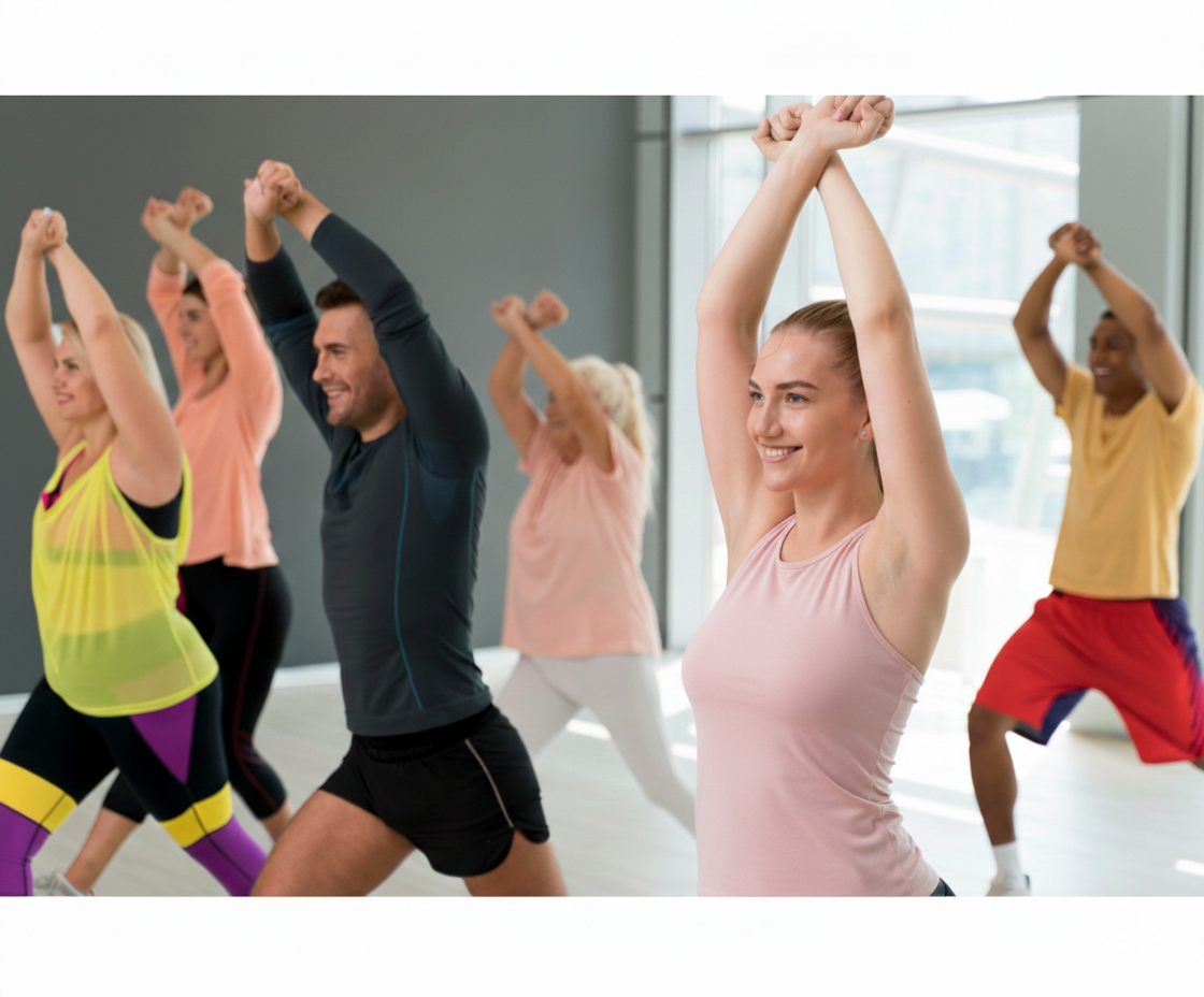 Cours de zumba en groupe avec participants dansant sur musique rythmée pour booster énergie et motivation