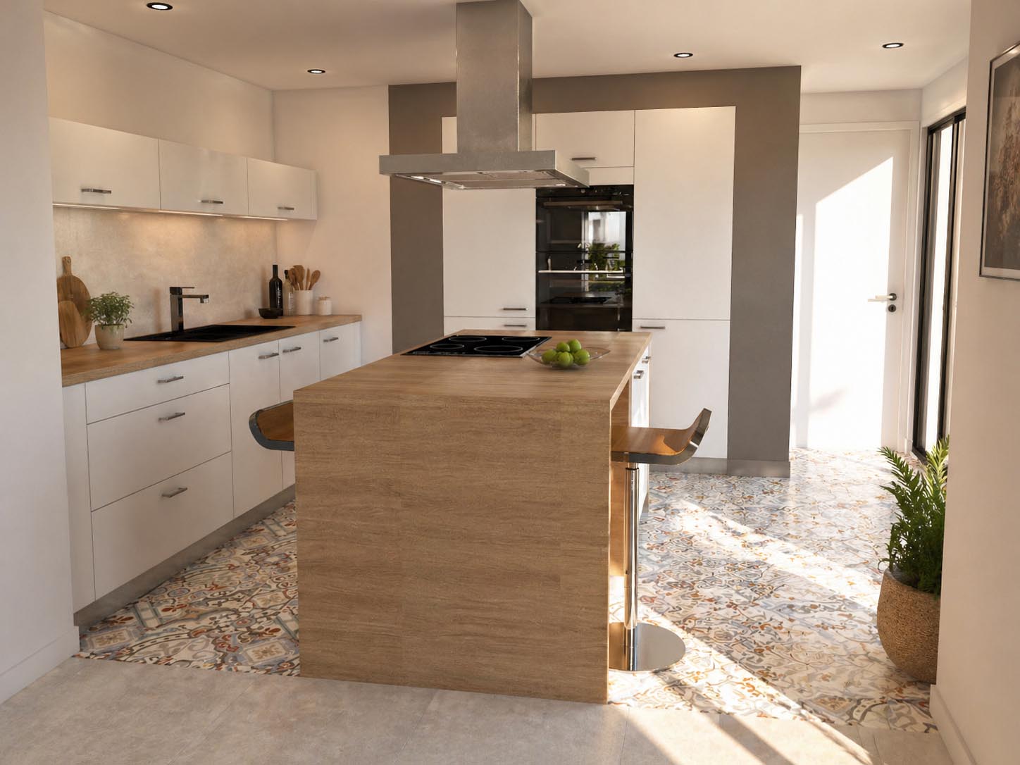 Cuisine contemporaine avec meubles blancs, îlot central en bois, sol en carreaux de ciment et lumière naturelle.