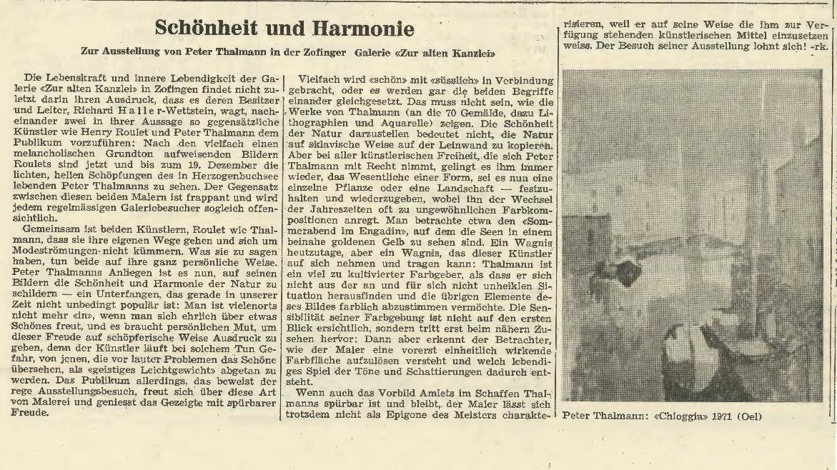 1971, Galerie zur Alten Kanzlei, Zofingen: Zeitungsbericht