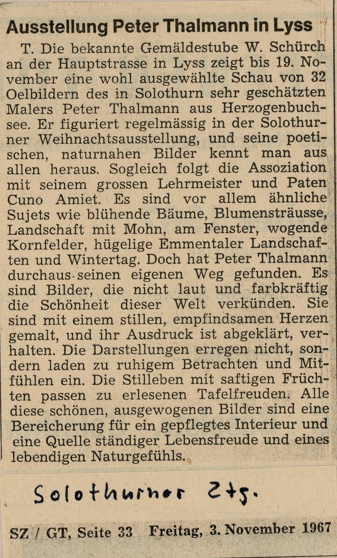 1967, Gemäldestube Lyss: Zeitungsbericht