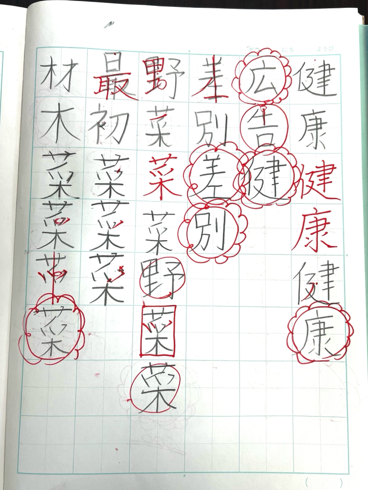 親子でレッスン、お子さんのノート。漢字検定に向けて形が難しいと感じる漢字を練習しました。