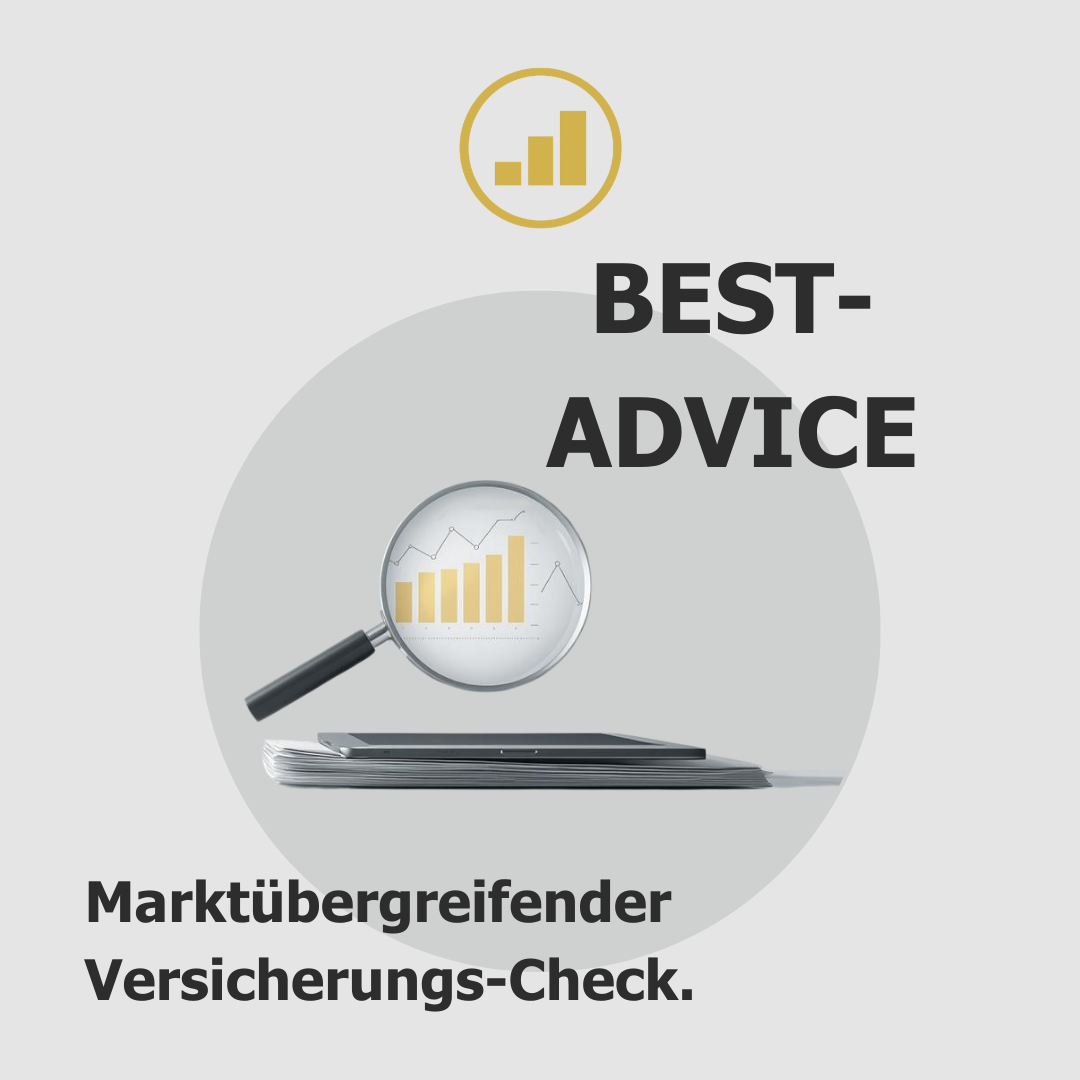 Grafik: Eine Lupe schwebt über einem Laptop. Text im Bild: Best-Advice. Marktübergreifender Versicherungs-Check.