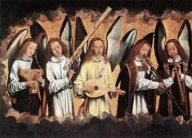 Hans MEMLING, "Les anges musiciens" (panneau gauche), (1480), Koninklijk Museum voor Schone Kunsten, Antwerp (Source : WGA)