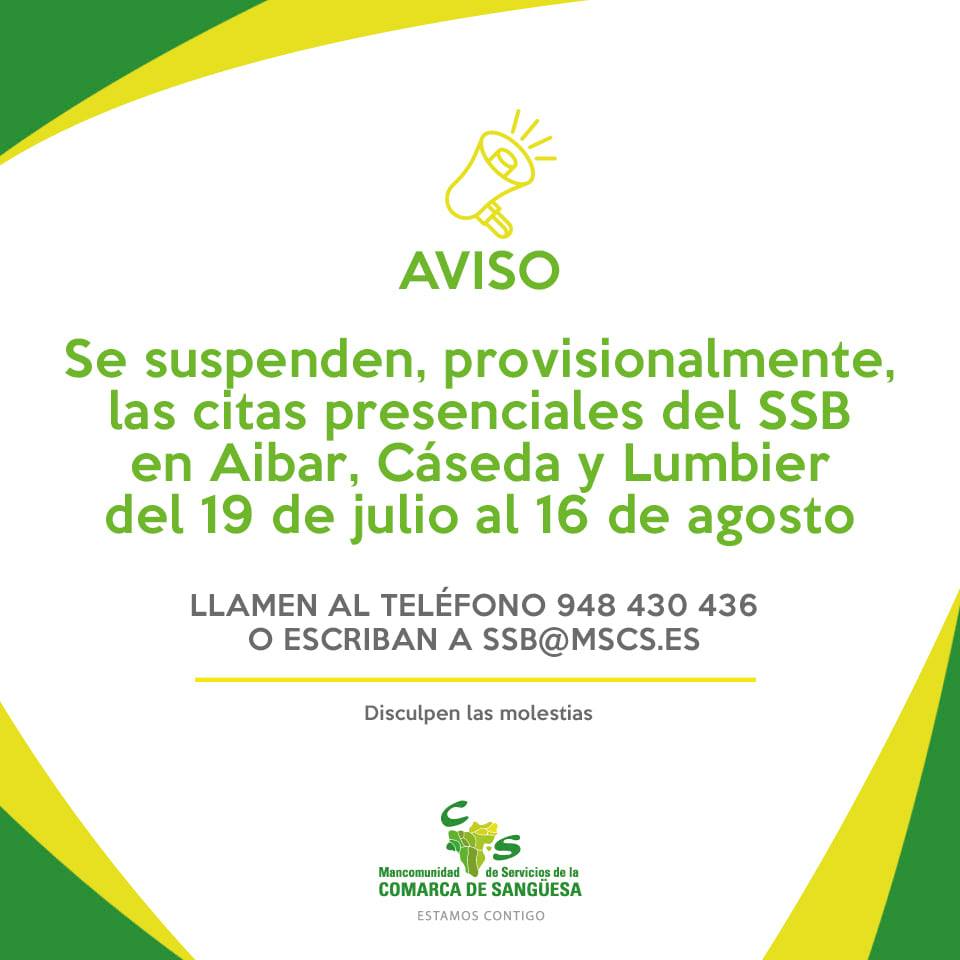 Se suspenden provisionalmente las citas presenciales del SSB en Aibar, Cáseda y Lumbier del 19 de julio al 16 de agosto