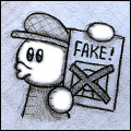 A cartoon character peddling a newsletter marked FAKE!
