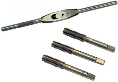 Manual thread cutting with tap iron and tap. Set of 3 taps, tap iron