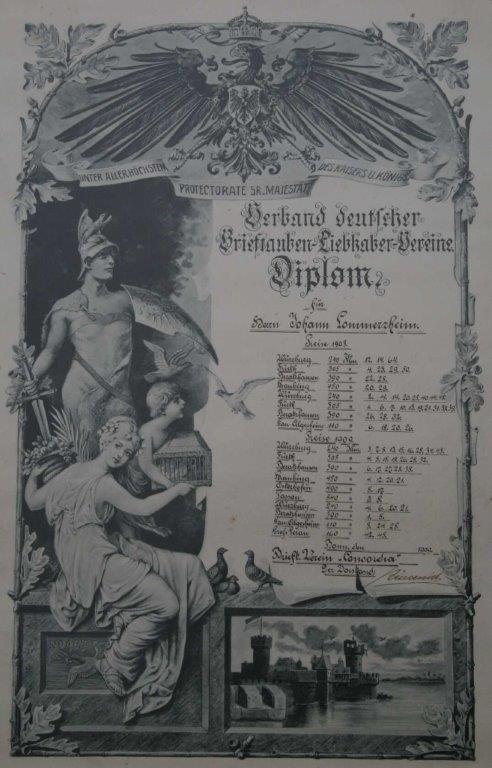 Diplom des Verbandes dt. Brieftauben-Liebhaber-Vereine aus dem Jahr 1908 und 1909