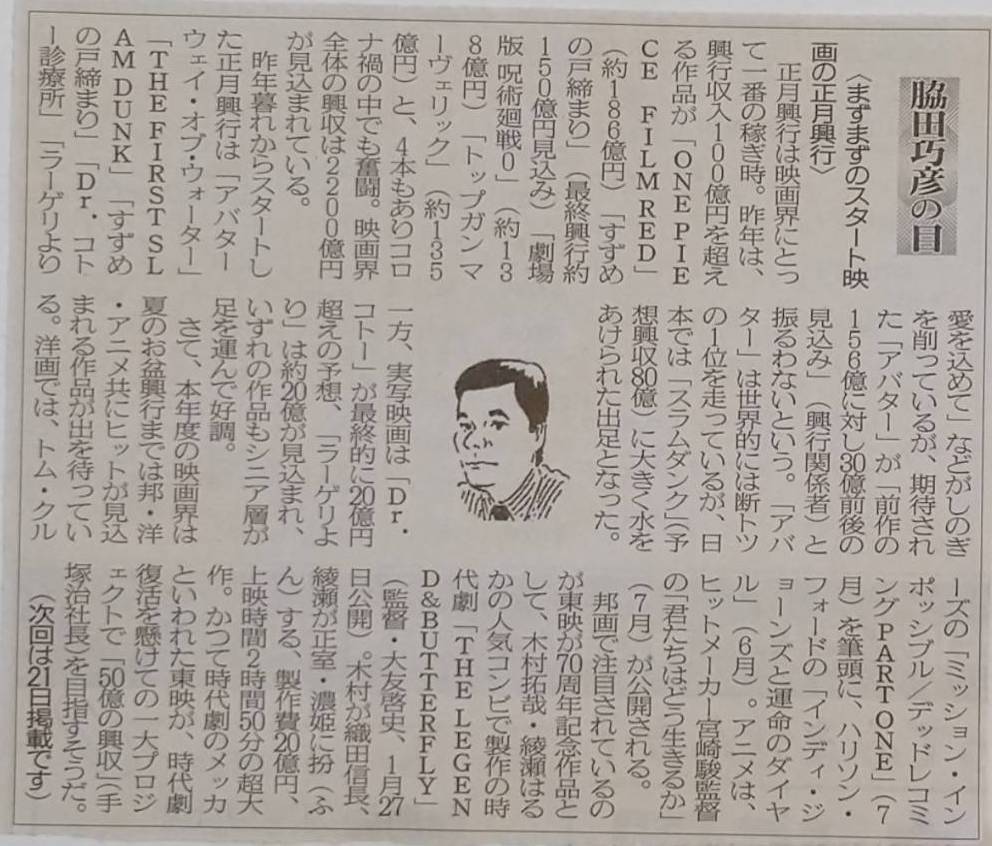 ２０２３年０１月０７日　まずまずのスタート映画の正月興業