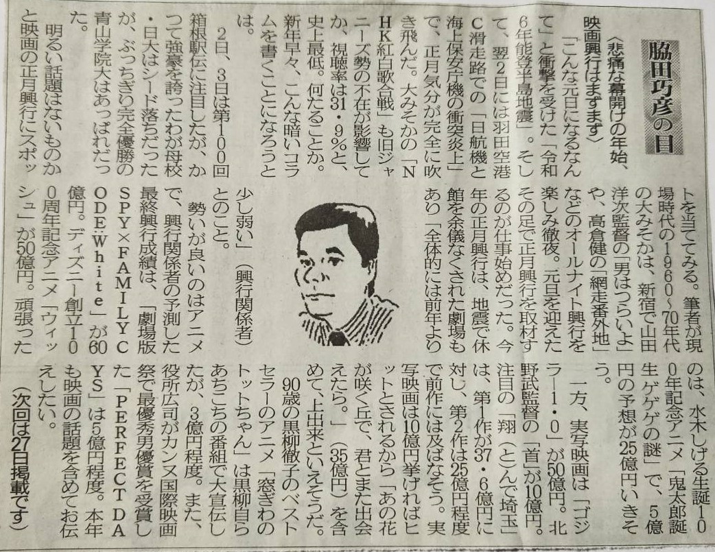 ２０２４年１月１３日　悲痛な幕開けの年始、映画興行はまずまず