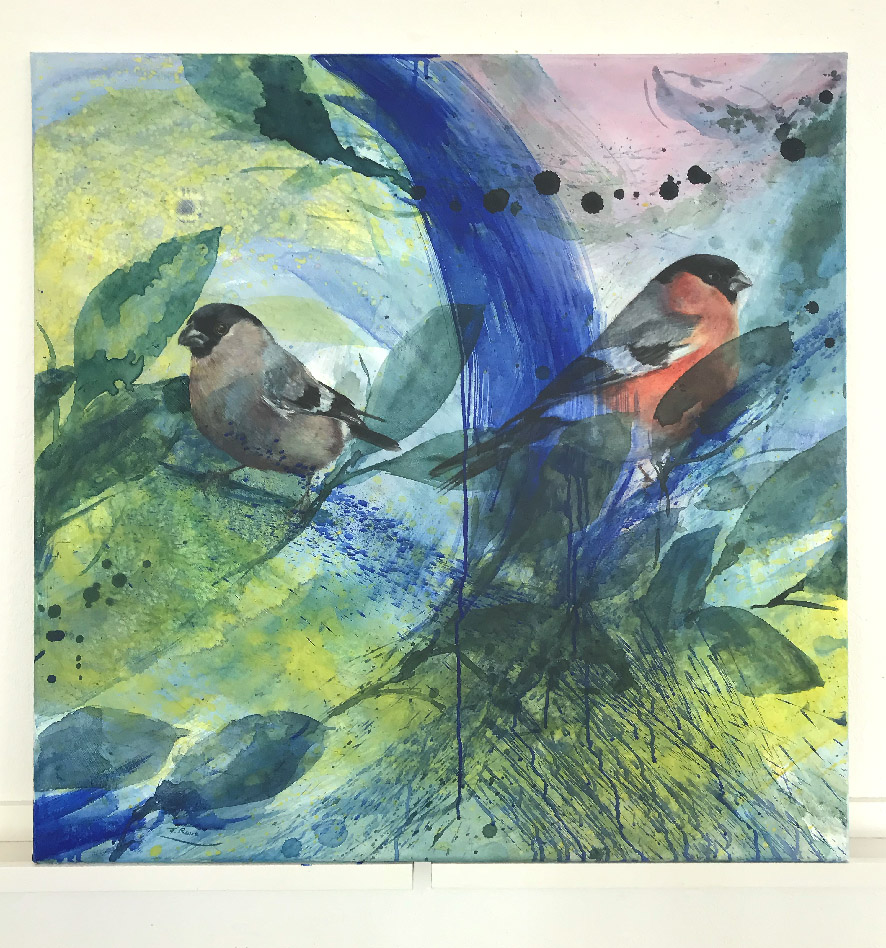 "Dompfaffpaar" 80 x 80 cm