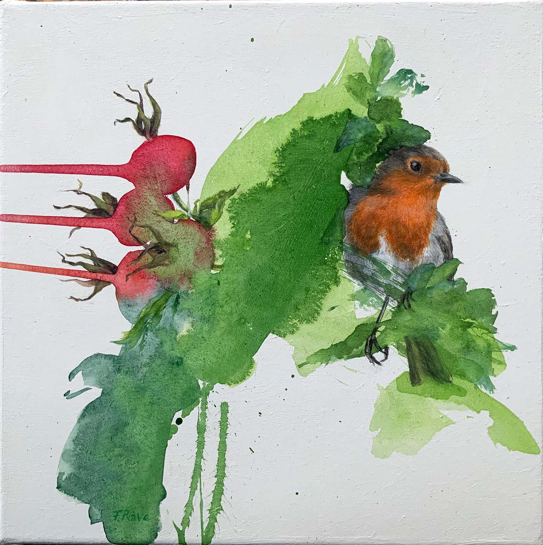 "Rotkehlchen in dne Apfelrosen" (Original) MixedMedia auf Leinwand