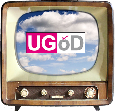Ein alter Fernseher zeigt das UGÖD-Logo.