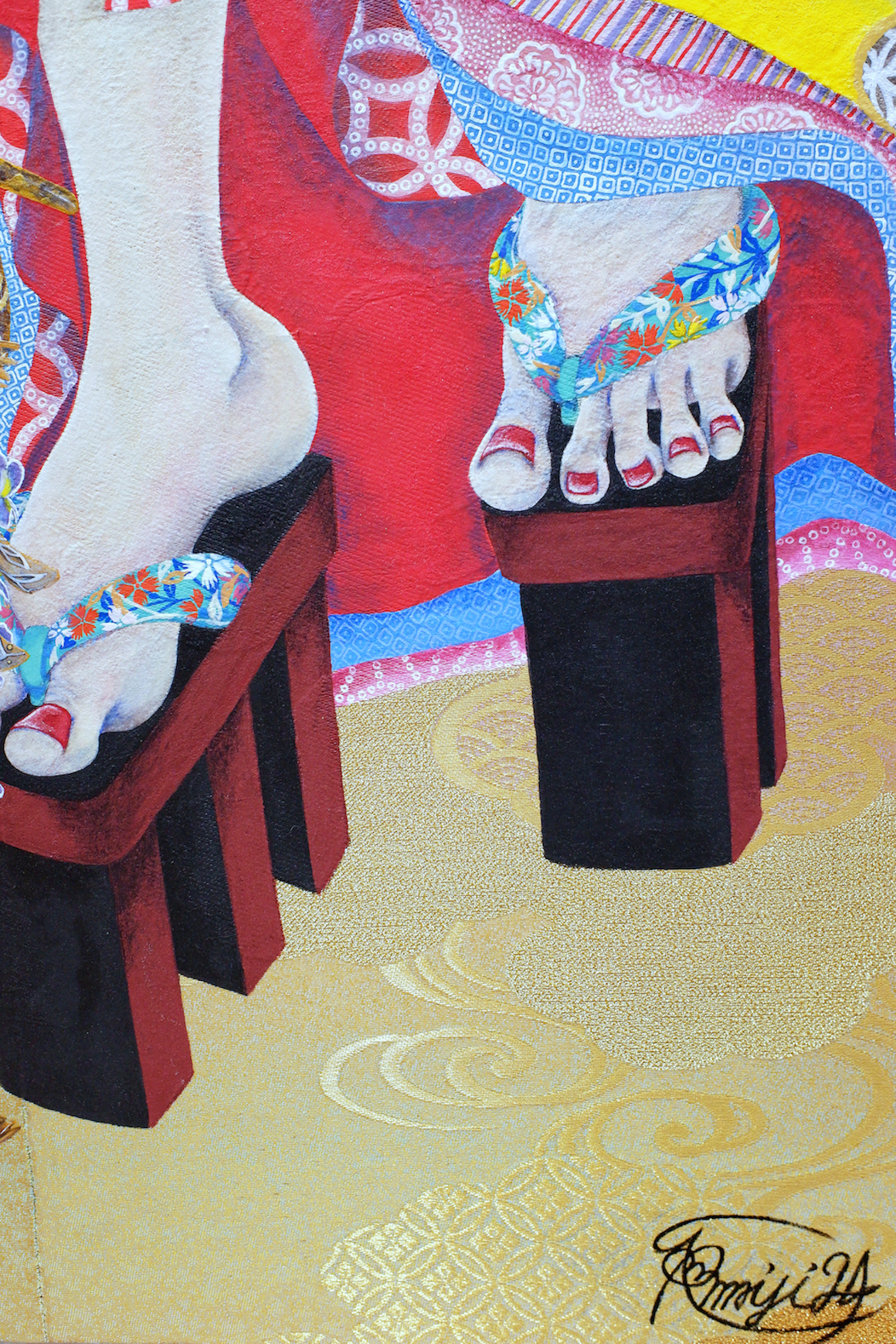 『 watch your step! 』Nihonga pigments, acrylic on Japanese Obi (72.7×53.0cm/P20)