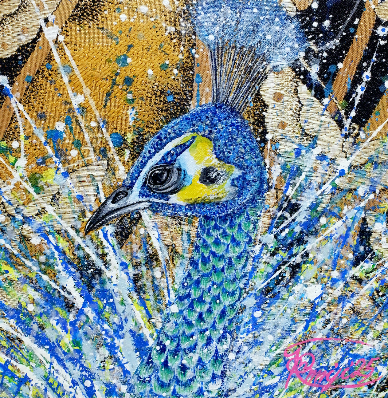 『 Dignified 』acrylic on Japanese Obi (18×18cm)