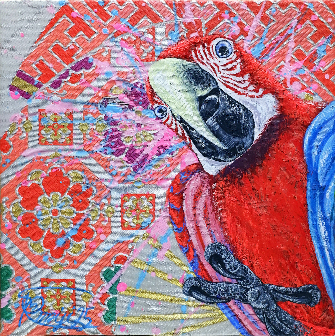 『 Bolivian amigo RED 』acrylic on Japanese Obi (18×18cm)