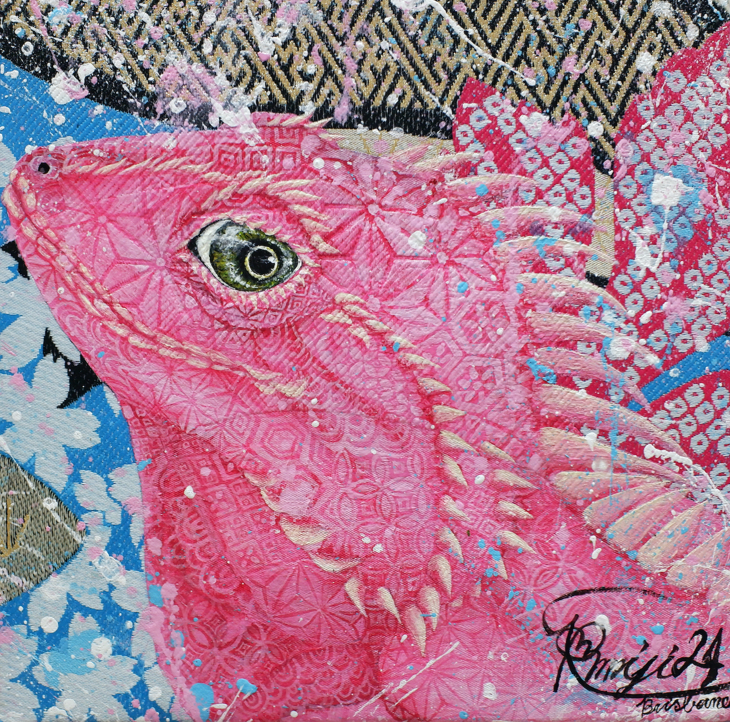 『 amicable coexistence弐 』acrylic on Japanese Obi (18×18cm)  SOLD