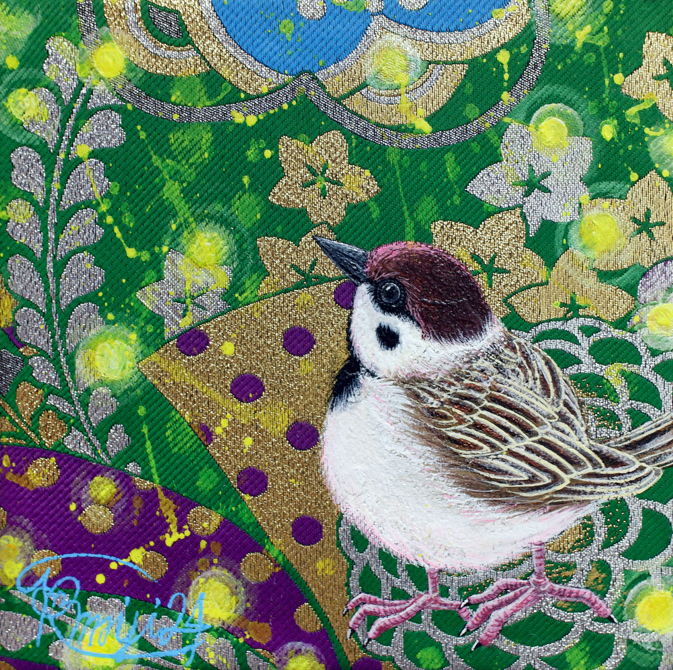 『 everlastingly 』acrylic on Japanese Obi (18×18cm)