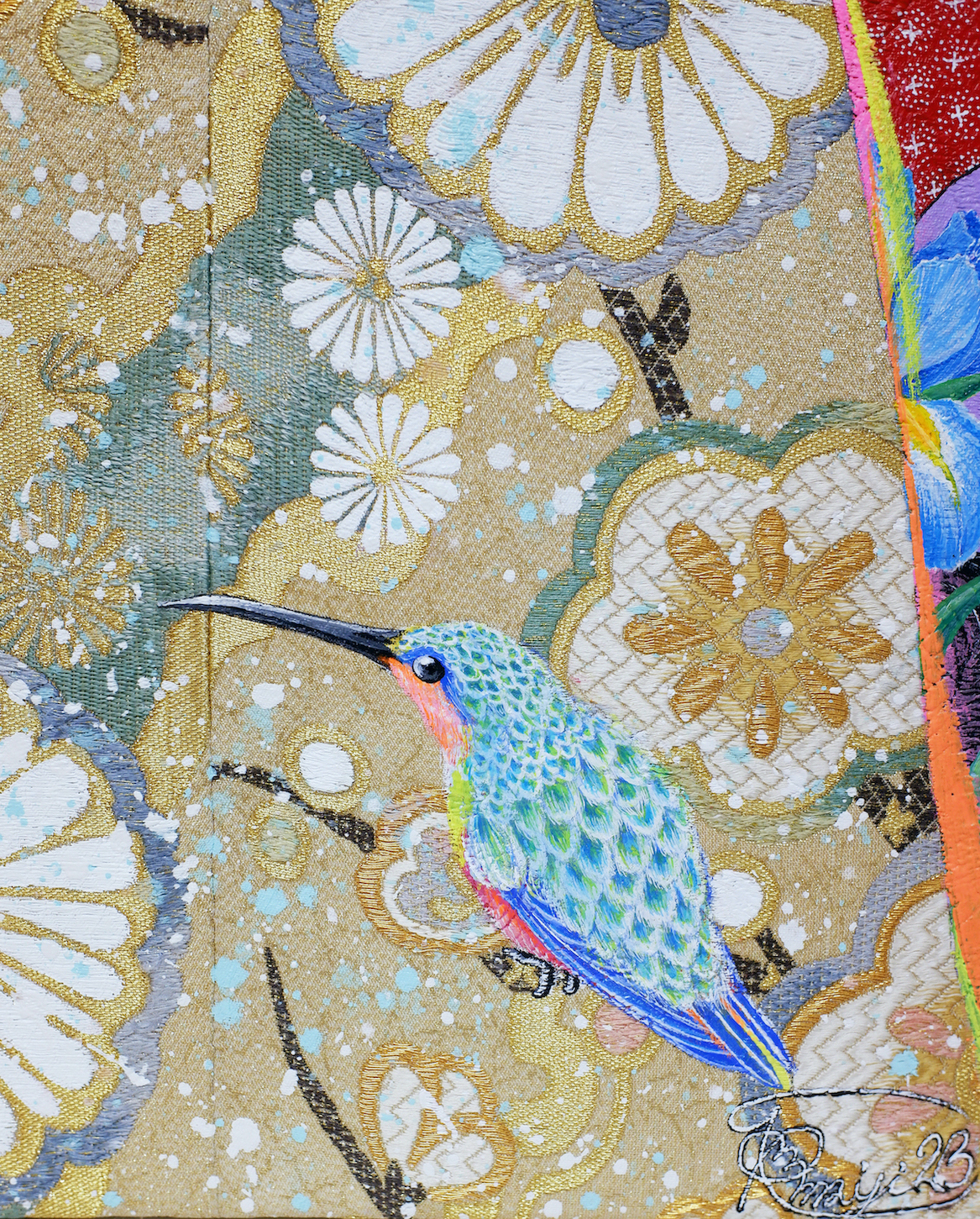 『 Gossip 』acrylic on Japanese Obi  (60.6×60.6cm/S12)