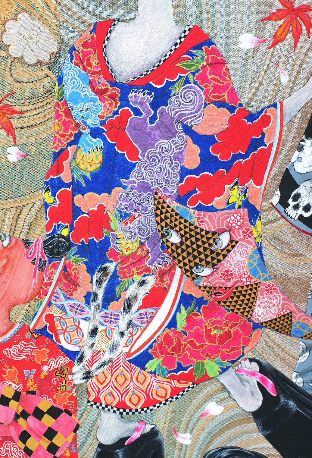 『 遣らずの雨 』Nihonga pigments, calligraphy ink on Japanese Obi as second-hand clothes (112.0×145.5cm/F80)