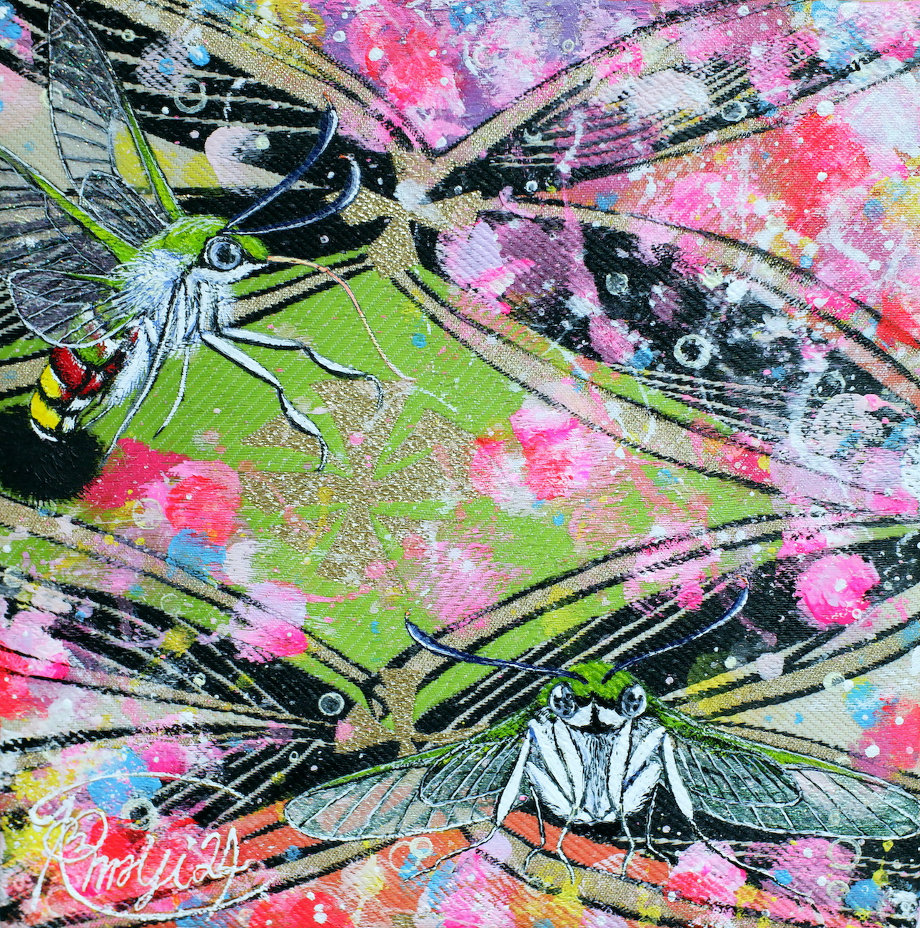 『 MoS kiss! 』acrylic on Japanese Obi (18×18cm)