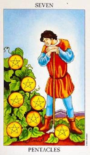 Siete de oros (pentacles, pentáculos) baraja de tarot interpretación