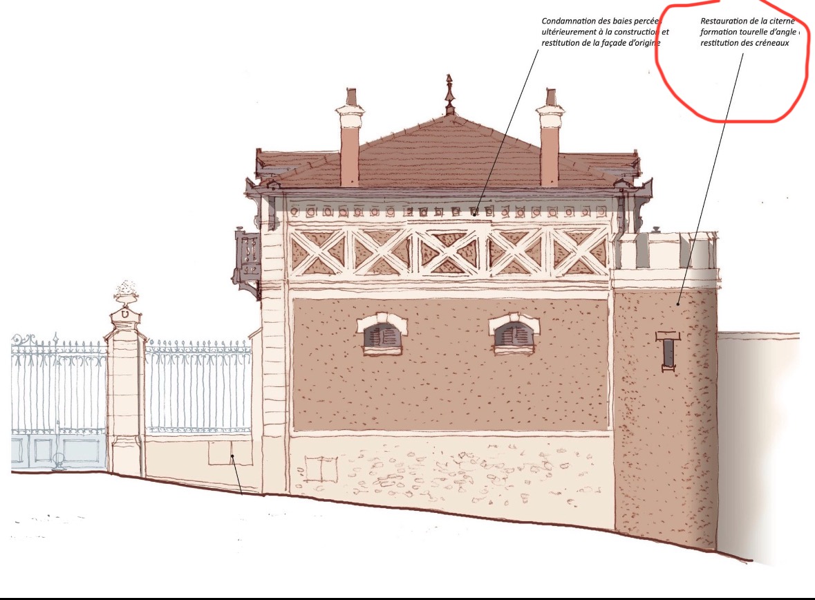 Projet de réintégration d'origine avec rocailles, créneaux et enduit stuc pierre plâtre-chaux (Étude Tiriad Paysage 2019).