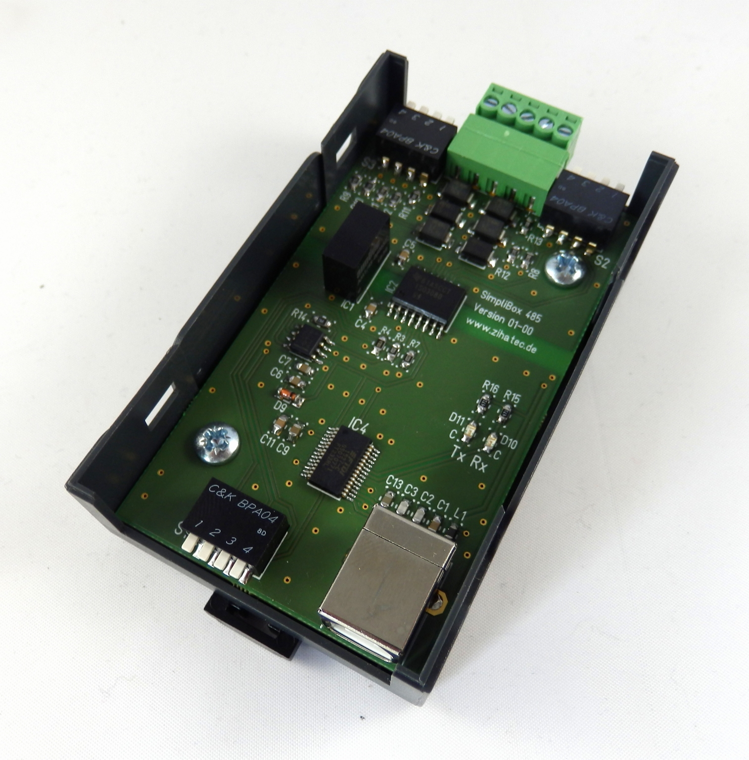 SimpliBox 485 - pcb assembled  in bottom shell